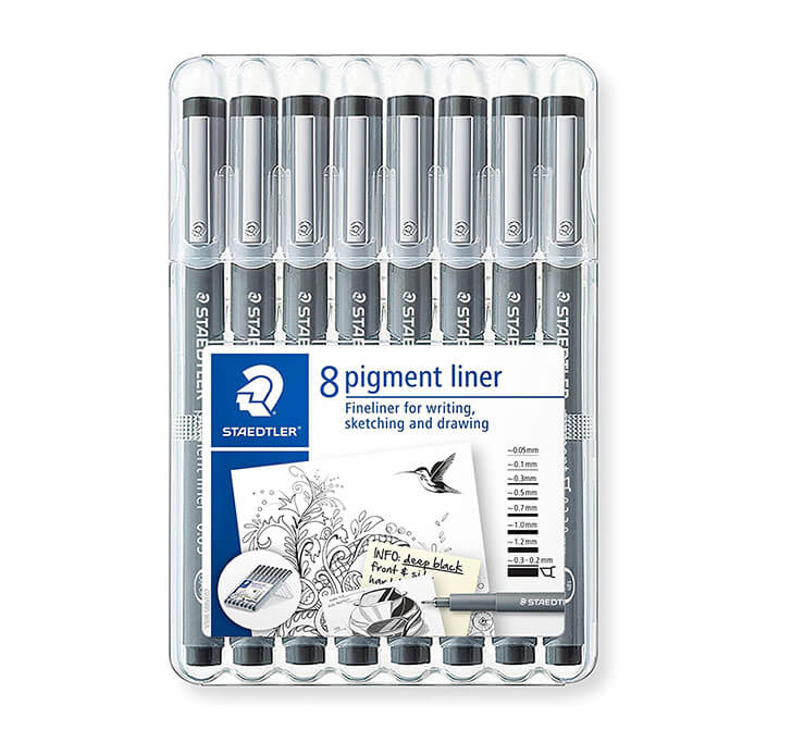 Staedtler 8 Pigment Liner Fineliner Pens With Assorted Line Width - Black