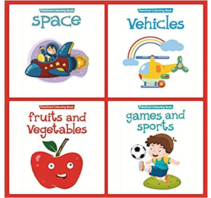 Buy Set Of 4 Colouring Fun Books (Vehicles, Fruits & Vegetables, Games & Sports, Space)