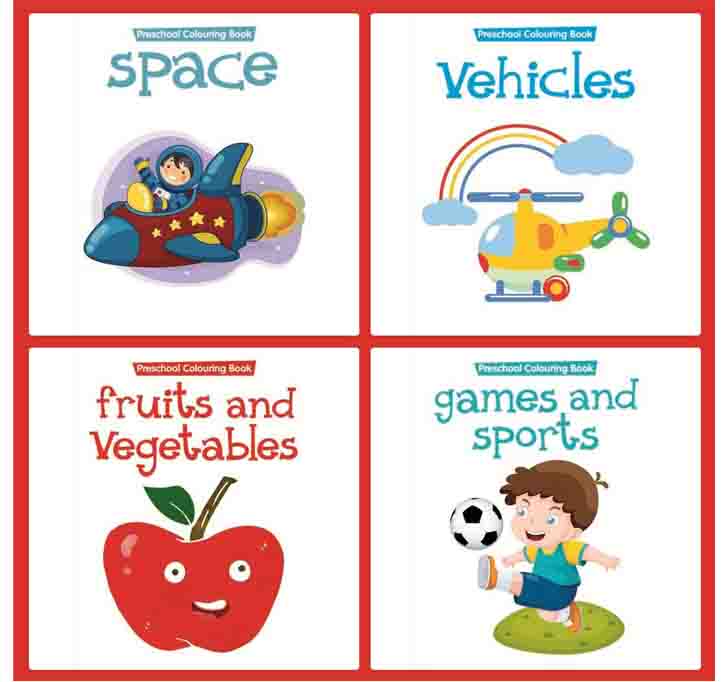 Buy Set Of 4 COLOURING FUN BOOKS (Vehicles, Fruits & Vegetables, Games & Sports, Space) Paperback – 1 January 2018