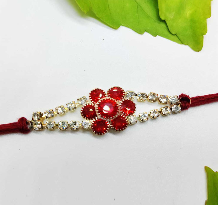 Maroon White Semi Precious American Stone Bhaiya Rakhi