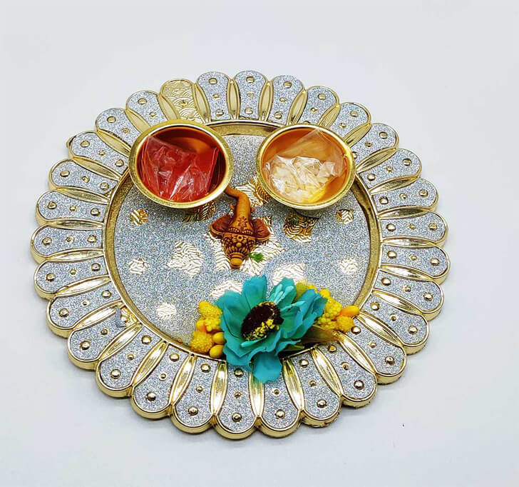 Buy Ganesh Designer Golden Pooja Thali With Rudraksha Diamond Rakhi