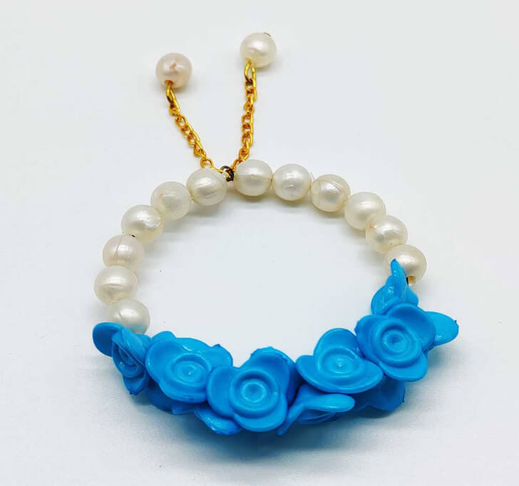 Buy Sky Blue Floral White Pearl Beads Kada Rakhi