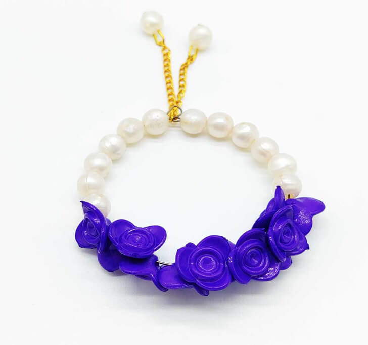 Buy Royal Blue Floral White Pearl Beads Kada Rakhi