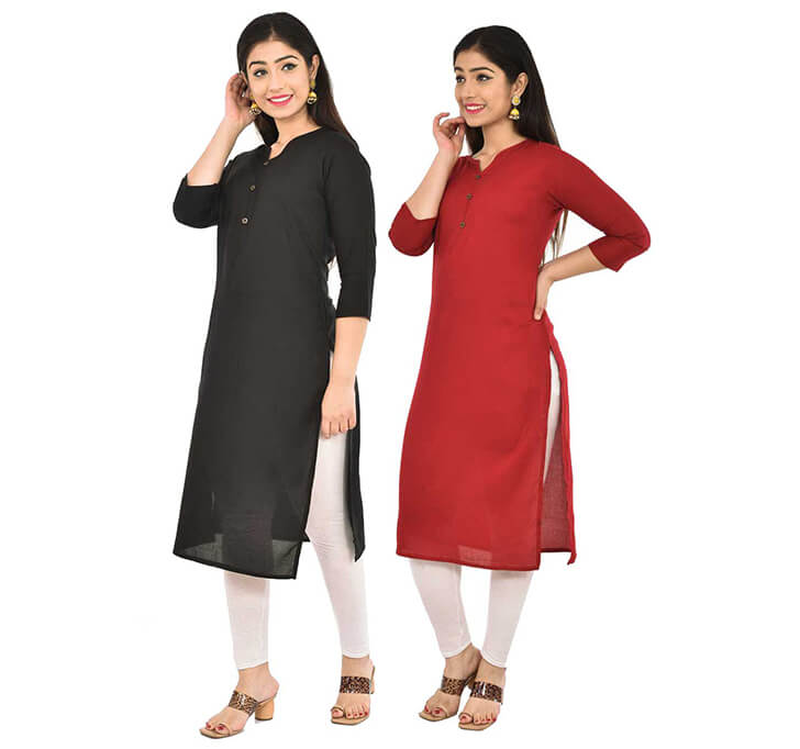 Black & Maroon V-Neck Kurti (Combo)