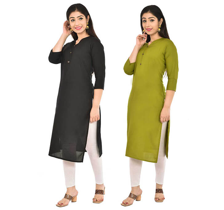 Black & Mehandi V-Neck Kurti (Combo)