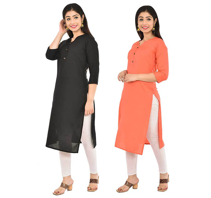 Black & Peach V-Neck Kurti (Combo)