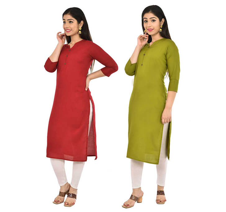 Maroon & Mehandi V-Neck Kurti (Combo)