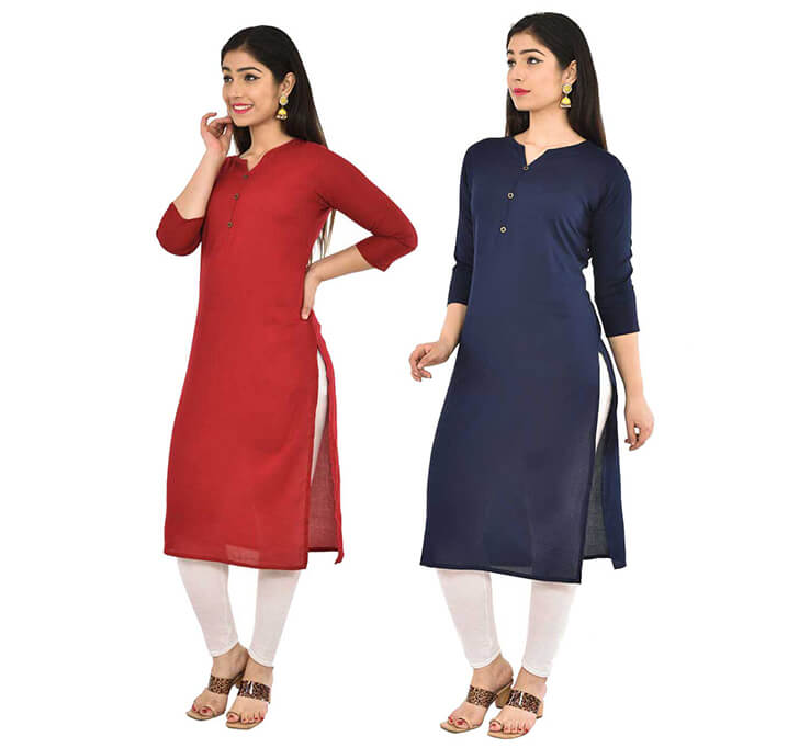 Maroon & Navy Blue V-Neck Kurti (Combo)