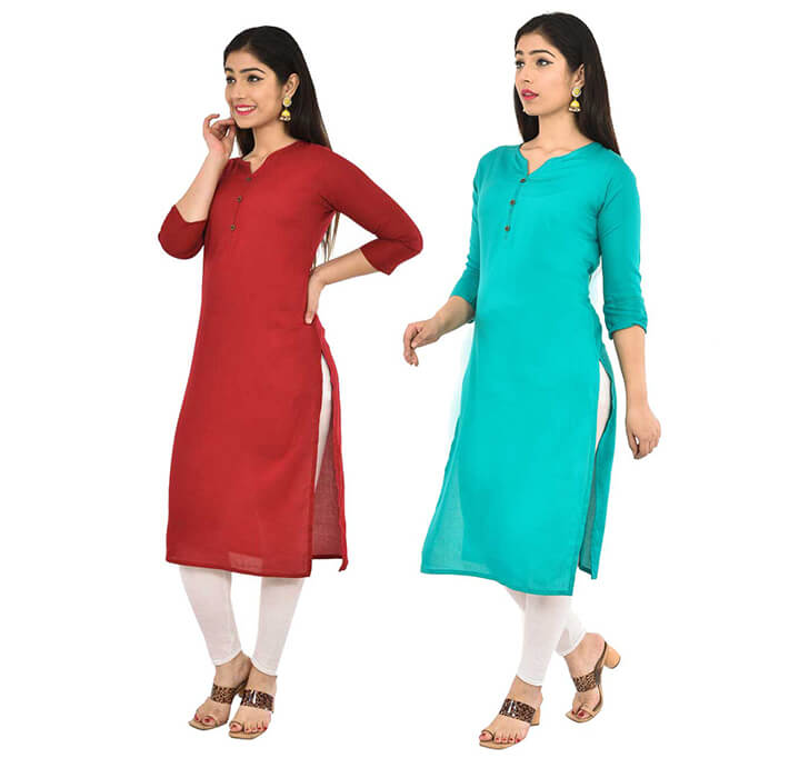 Maroon & Sky Blue V-Neck Kurti (Combo)