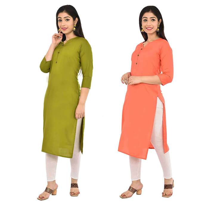 Mehandi & Peach V-Neck Kurti (Combo)