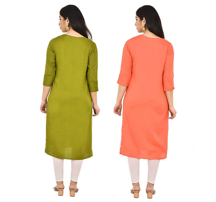 Buy Mehandi & Peach V-Neck Kurti (Combo)