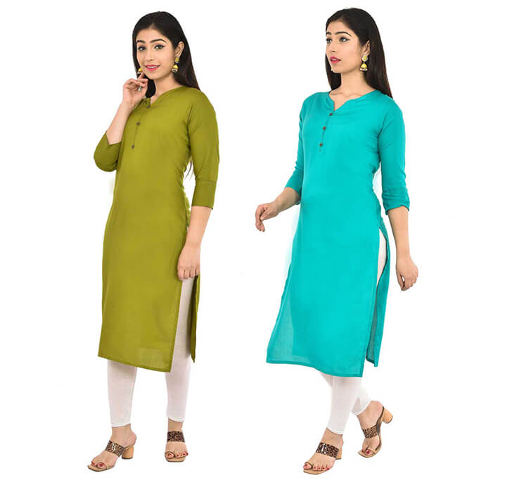 Mehandi & Sky Blue V-Neck Kurti (Combo)