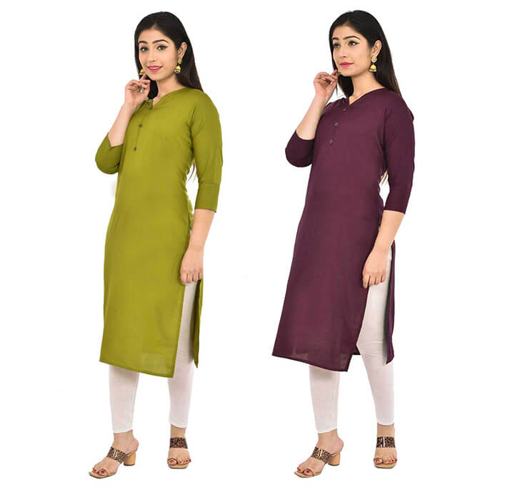 Mehandi & Wine V-Neck Kurti (Combo)