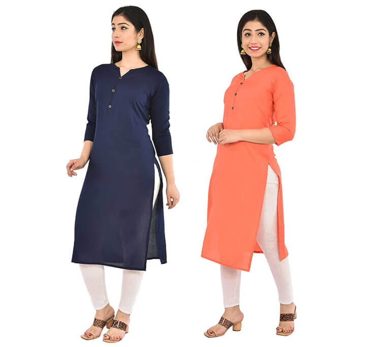 Navy Blue & Peach V-Neck Kurti (Combo)