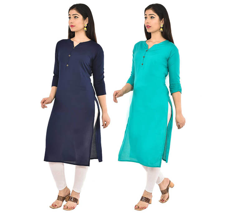 Navy Blue & Sky Blue V-Neck Kurti (Combo)