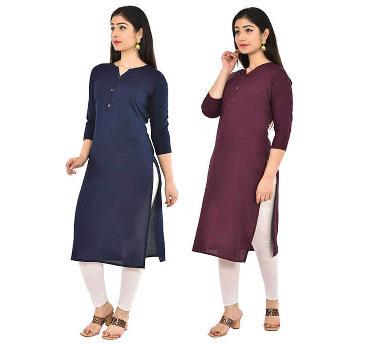 Navy Blue & Wine V-Neck Kurti (Combo)