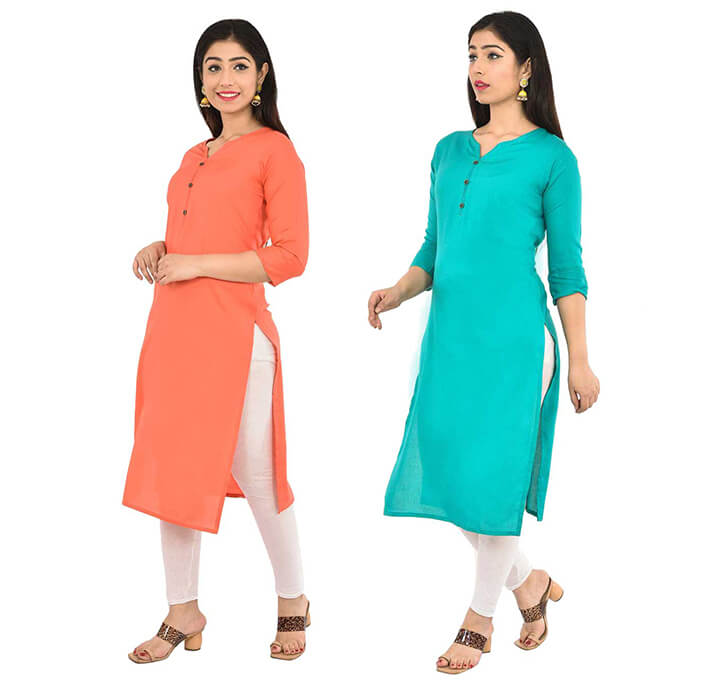 Peach & Sky Blue V-Neck Kurti (Combo)