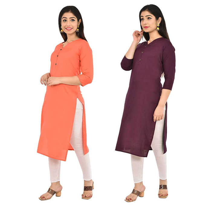 Peach & Wine V-Neck Kurti (Combo)