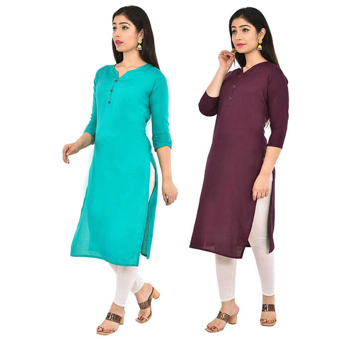 Sky Blue & Wine V-Neck Kurti (Combo)