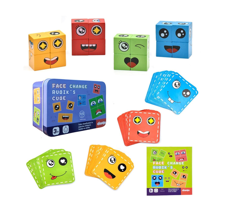 Buy Wooden Face Expressions Changing Magic Puzzle Building Cubes Blocks Games With 16 Buliding Blocks,72 Challenge Cards,Makes A Great Gift Game Toys For Kids
