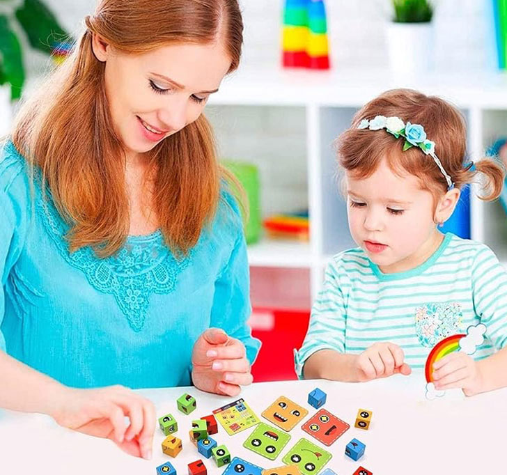 Wooden Face Expressions Changing Magic Puzzle Building Cubes Blocks Games With 16 Buliding Blocks,72 Challenge Cards,Makes A Great Gift Game Toys For Kids