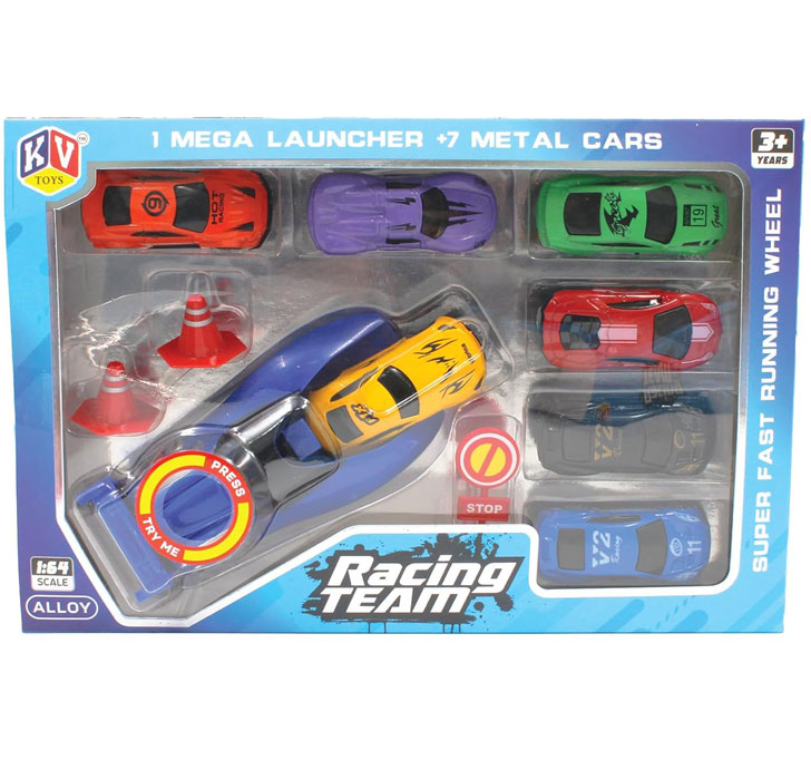 Krafthooks Racing Team Mega Launcher Playset – High-Speed Car Racing Set With 7 Die-Cast Metal Cars And A Powerful Super-Fast Launcher