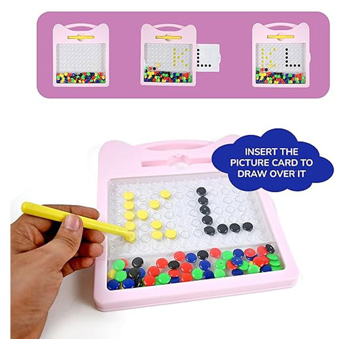 RM Toys Dot Magpad Drawing Board Toy For Kids With 12 Double Sided Cards (5 Picture & 7 ABCD Cards), 50+ Colorful Magnetic Dots & 1 Stylus | Portable Doodle Magnetic Board - Multicolor