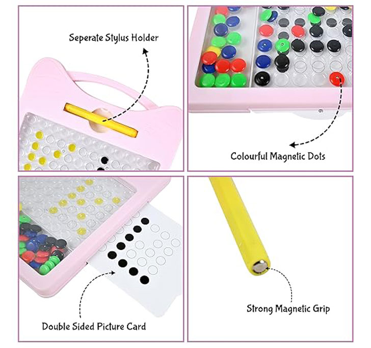 Buy RM Toys Dot Magpad Drawing Board Toy For Kids With 12 Double Sided Cards (5 Picture & 7 ABCD Cards), 50+ Colorful Magnetic Dots & 1 Stylus | Portable Doodle Magnetic Board - Multicolor