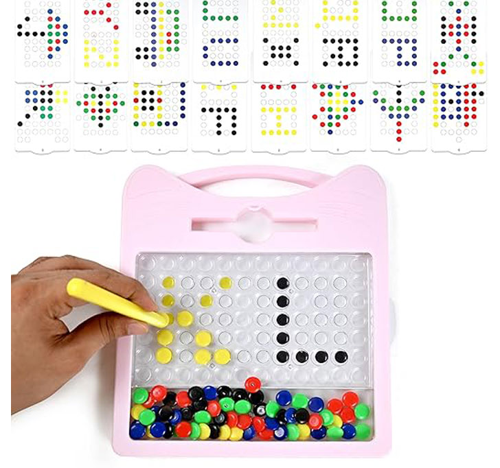 RM Toys Dot Magpad Drawing Board Toy For Kids With 12 Double Sided Cards (5 Picture & 7 ABCD Cards), 50+ Colorful Magnetic Dots & 1 Stylus | Portable Doodle Magnetic Board - Multicolor