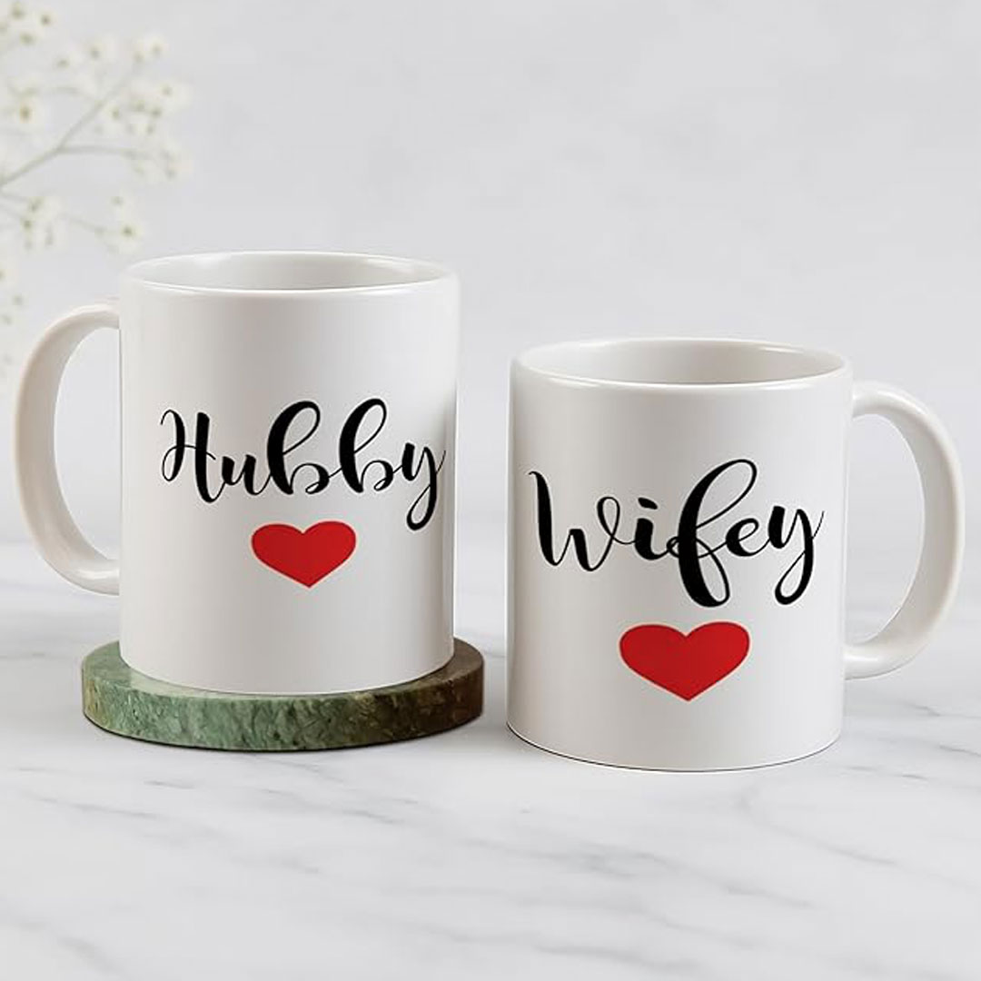 Buy Hubby And Wifey Coffee Mugs, White Ceramic, Couples Gift Set With Heart Design, Wedding Anniversary Present, 2 Mug Piece (350ml)