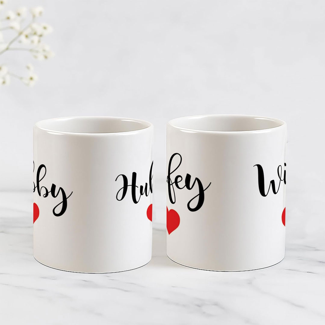 Hubby And Wifey Coffee Mugs, White Ceramic, Couples Gift Set With Heart Design, Wedding Anniversary Present, 2 Mug Piece (350ml)